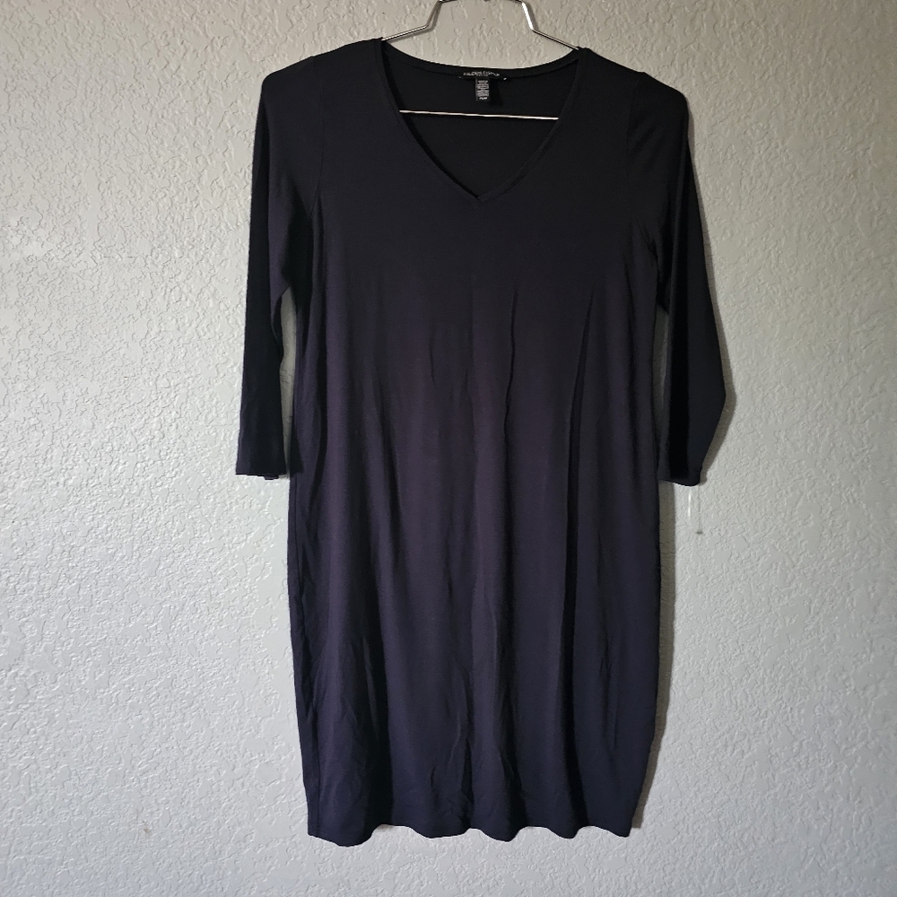 Eileen Fisher Black Long-Sleeve V-Neck Knit Dress